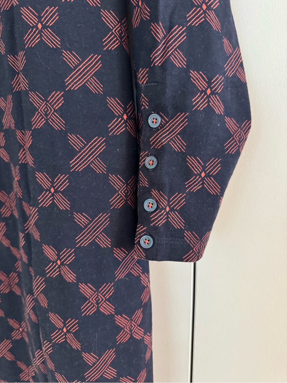 HATLEY Navy Long-Sleeve Dress with Brick Red Geometric Pattern - Size L